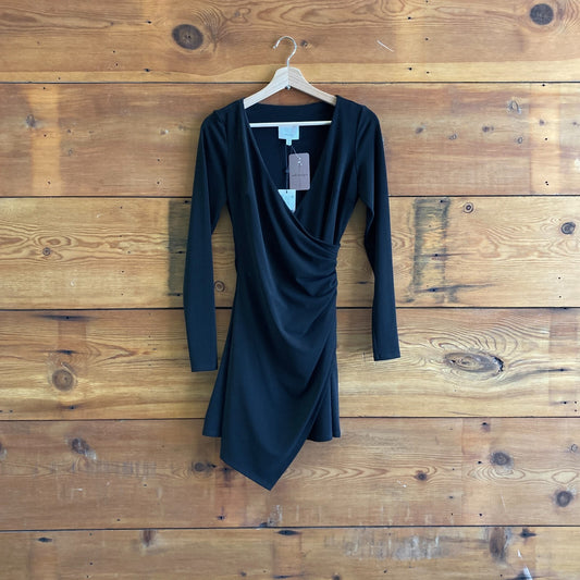 XS - Cinq a Sept $345 Black Asymmetric Ruched Mini Coralie Dress NEW 0527DB