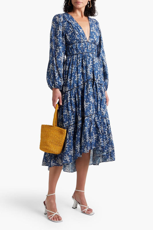 4 - Ulla Johnson Blue Floral Print Long Sleeve Flowy Boho Peasant Dress 0323AB