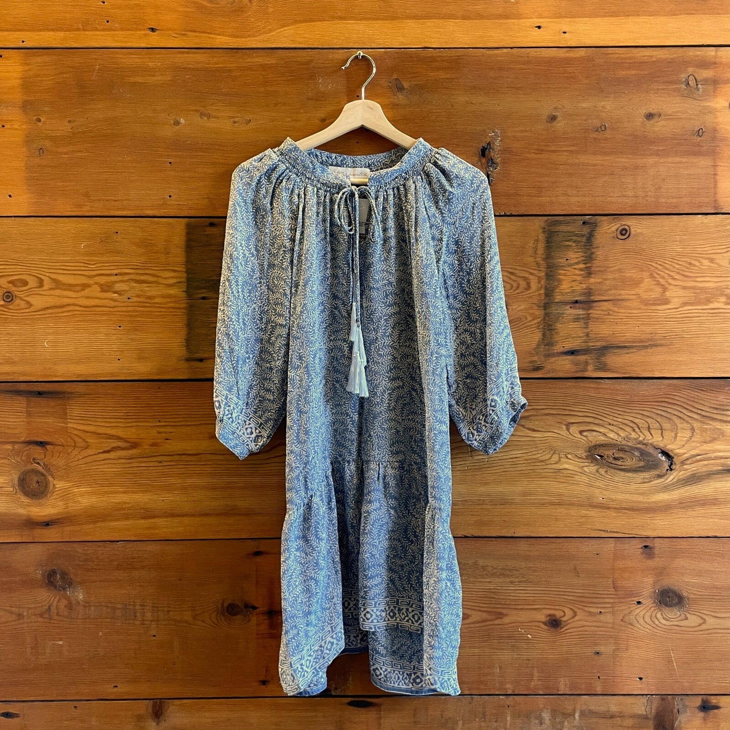 S - Natalie Martin Blue White Printed Silk Peasant Boho Flowy Dress 0323AB