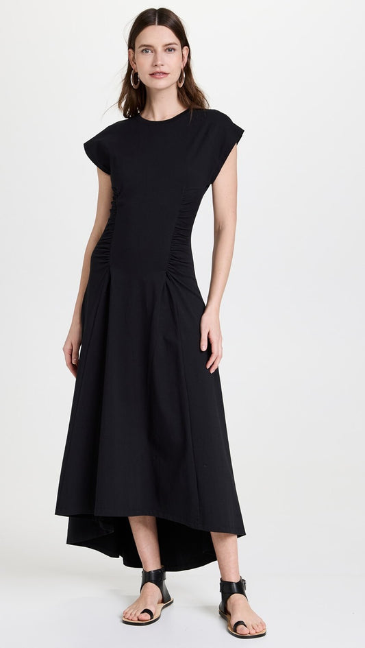 M - Frame Black Cap Sleeve Ruched Cotton Knit Maxi Length Dress 4427SC