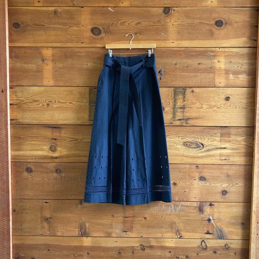 S - Tanya Taylor $425 Navy Blue Wide Leg Eyelet Hem Cotton Pants 4427SC
