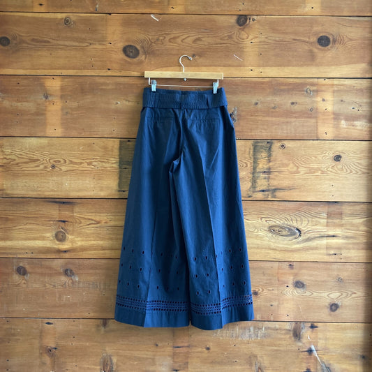 S - Tanya Taylor $425 Navy Blue Wide Leg Eyelet Hem Cotton Pants 4427SC