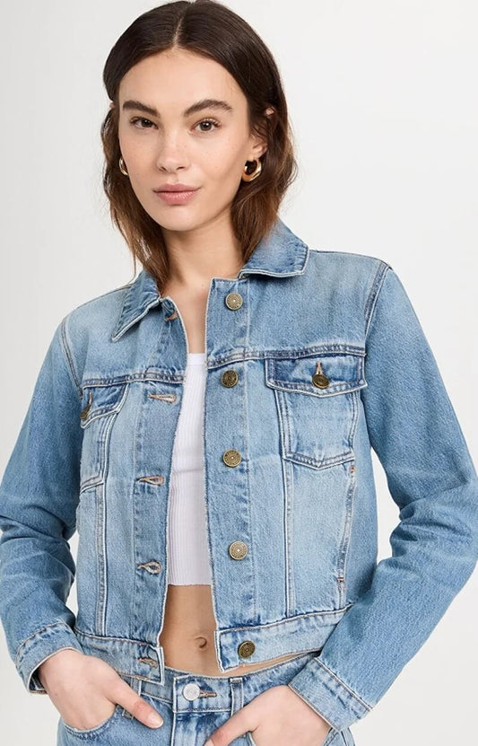 M - Frame $298 Distressed Denim Shrunken Button Up Trucker Jacket 4427SC
