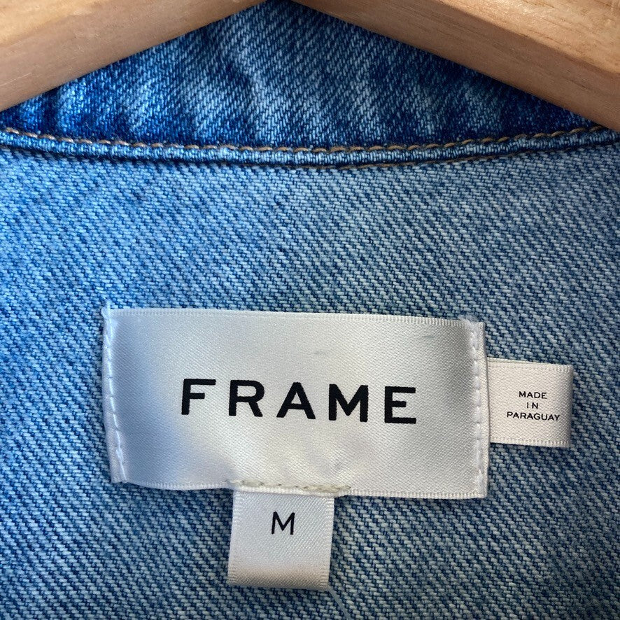 M - Frame $298 Distressed Denim Shrunken Button Up Trucker Jacket 4427SC