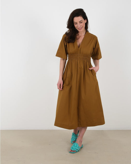 44 / L - Momoni Tobacco Brown Midi Length Rachel Poplin Dress NWOT 4427SC