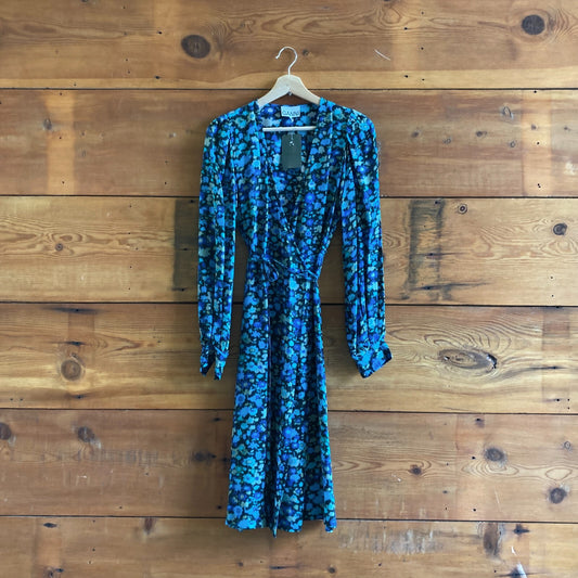 34 / S - GANNI Blue Floral Print Silk Blend Long Sleeve Wrap Dress 0529RP