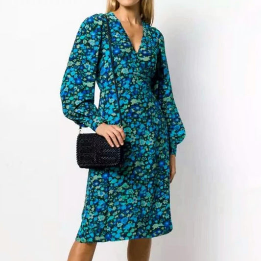 34 / S - GANNI Blue Floral Print Silk Blend Long Sleeve Wrap Dress 0529RP