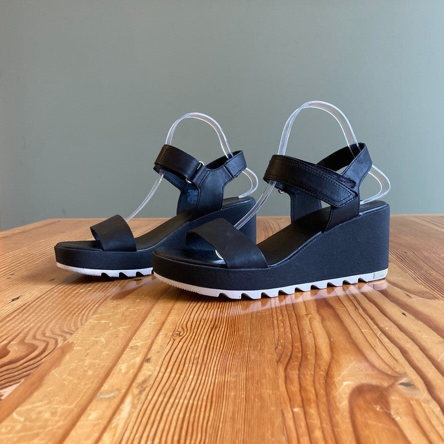 8.5 - Sorel Black $150 Cameron Wedge Sandals Strappy Comfort Shoes 0608BM