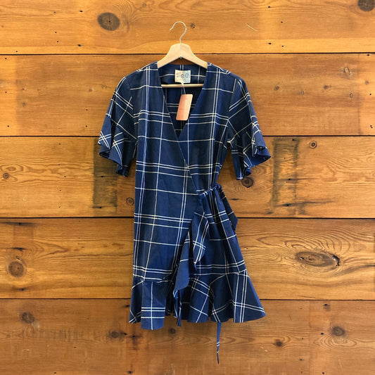 6 - SEA New York Navy Windowpane Plaid Cotton Wrap Dress 1118SM
