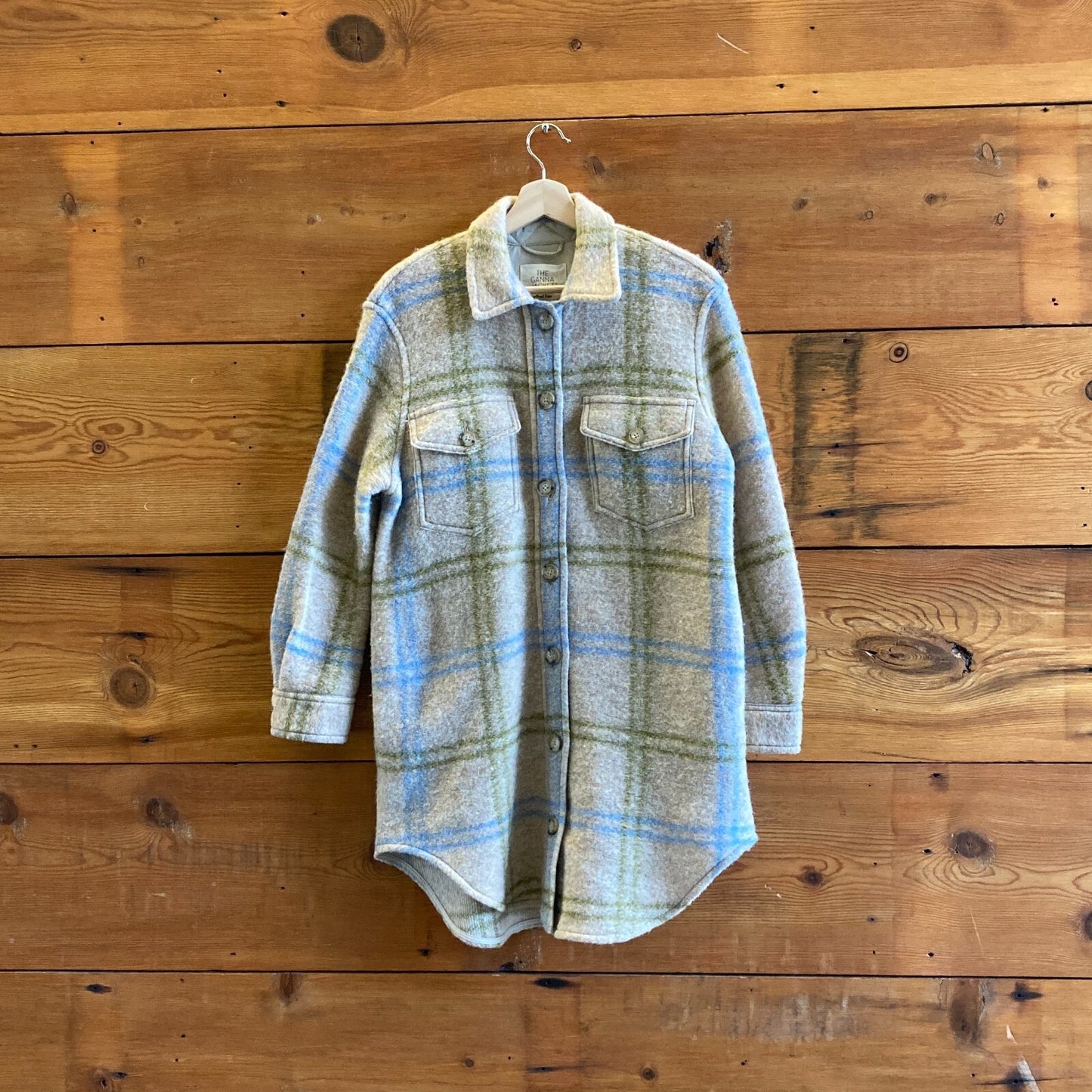 XS - Wilfred Free Aritzia Tan Plaid Merino Wool Long Shirt Ganna Jacket 0105BA