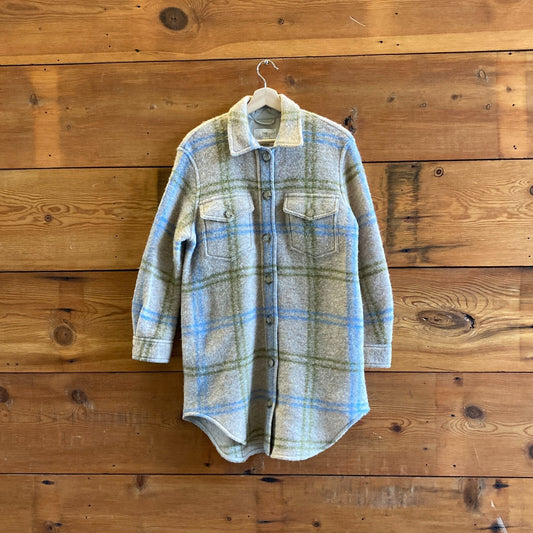XS - Wilfred Free Aritzia Tan Plaid Merino Wool Long Shirt Ganna Jacket 0105BA
