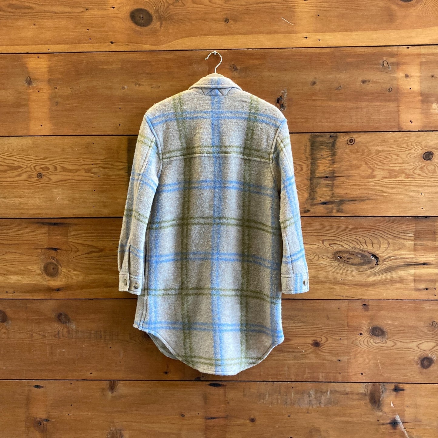 XS - Wilfred Free Aritzia Tan Plaid Merino Wool Long Shirt Ganna Jacket 0105BA