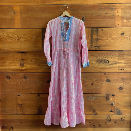 S / M - Kleed Pink Patterned Tie Waist Tiered Caftan Maxi Dress 1103ES