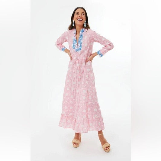 S / M - Kleed Pink Patterned Tie Waist Tiered Caftan Maxi Dress 1103ES
