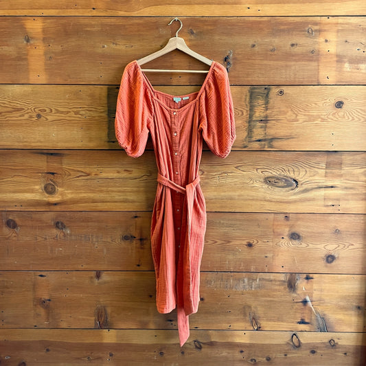 S - Rhode Resort Orange Gauze Tie Waist Button Front Dress 0920LC