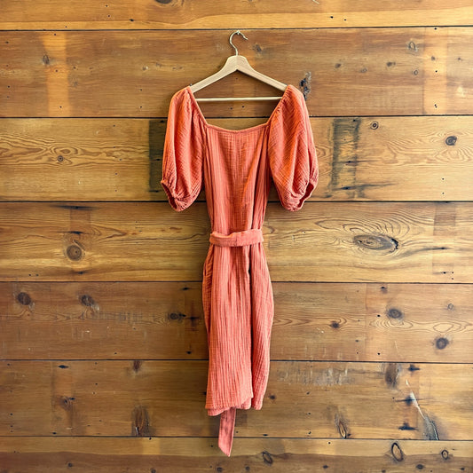 S - Rhode Resort Orange Gauze Tie Waist Button Front Dress 0920LC