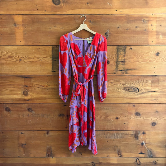 XS - Farm Rio Purple Red Wild Hearts Long Sleeve Chiffon Midi Dress 0415AB