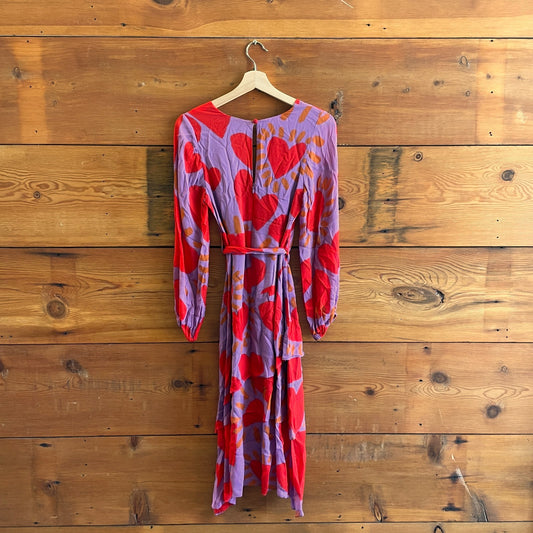 XS - Farm Rio Purple Red Wild Hearts Long Sleeve Chiffon Midi Dress 0415AB