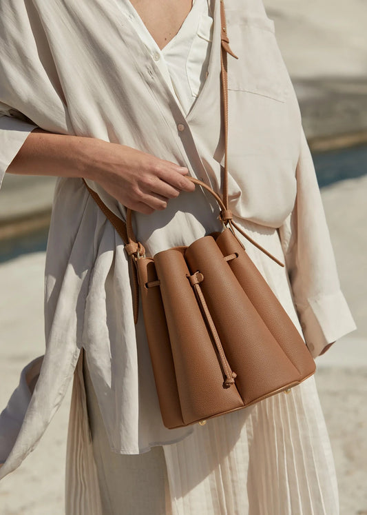 Polene $550 Textured Camel Brown Leather Numéro Huit Bucket Bag 0701JB