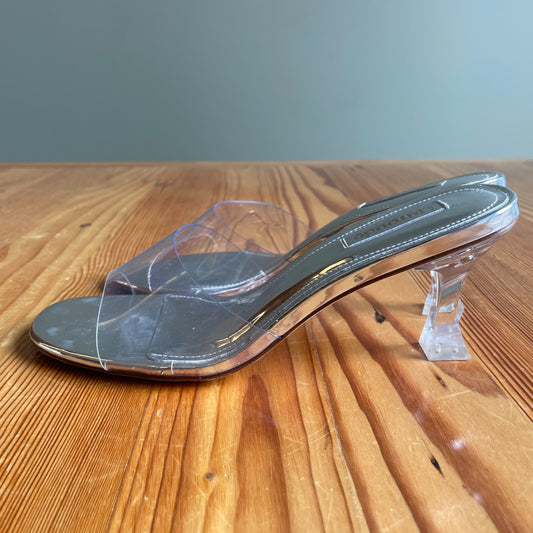7.5 - Larroude $350 Silver Clear VIVI Lucite Hi Mule Slide Slip On Heels 1016LD