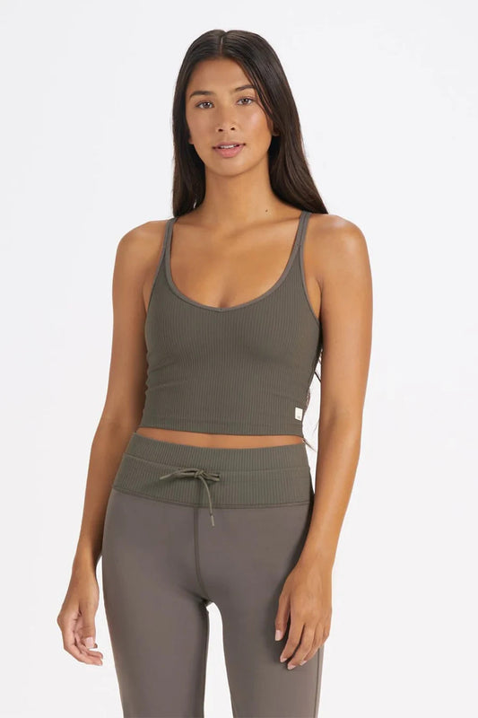 XS - Vuori Oregano Green NEW $64 Rib Crop V-Neck Strappy Womens Tank Top 0206SB