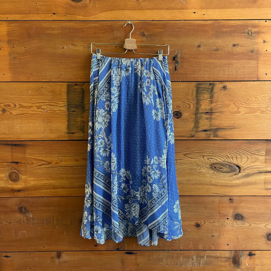 1 / S - Sandro Paris Blue Floral Linen Silk Blend Midi Length Skirt 0425GN