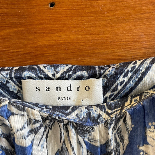 1 / S - Sandro Paris Blue Floral Linen Silk Blend Midi Length Skirt 0425GN