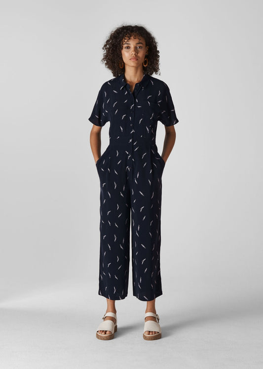 4 - Whistles Navy Brushstroke Patterned Button Up Short Sleeve Jumpsuit 0416LB