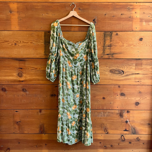 10 - Reformation Green Square Neckline Oranges Patterned Maxi Dress 0507AH