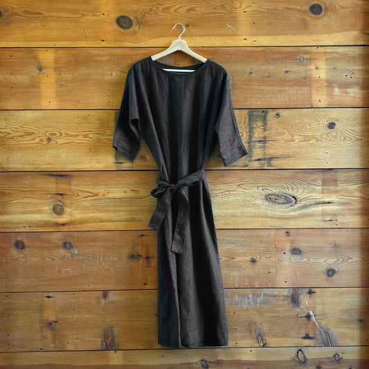 XS - Not Perfect Linen Black Wide Neck 3/4 Sleeve Maxi Belted Dress 1217MA