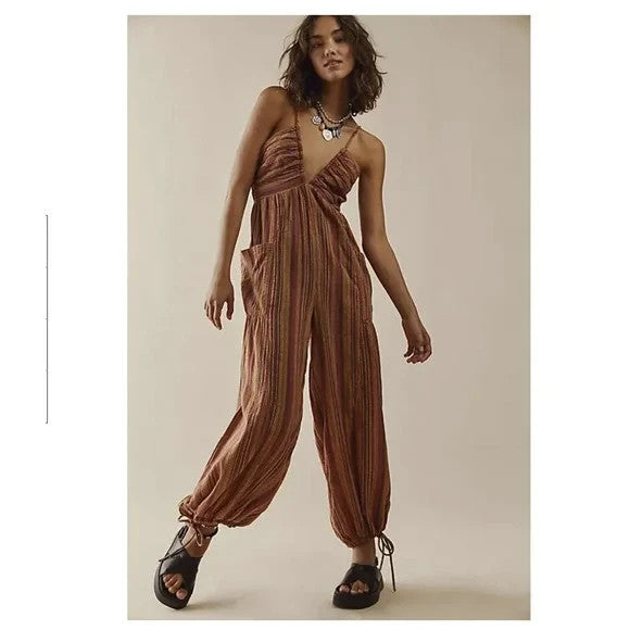 S - Free People Striped Sundaze For Surfin Halter Jumpsuit 0405CC