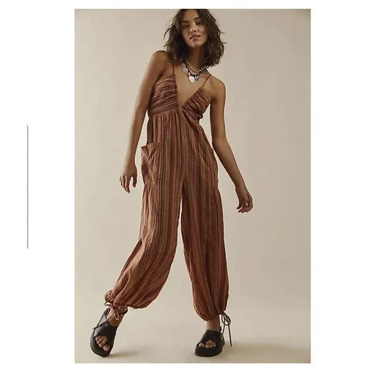 S - Free People Striped Sundaze For Surfin Halter Jumpsuit 0405CC