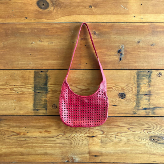 Vintage Unbranded Red Leather Top Zip Perforated Sling Shoulder Purse 0617RF
