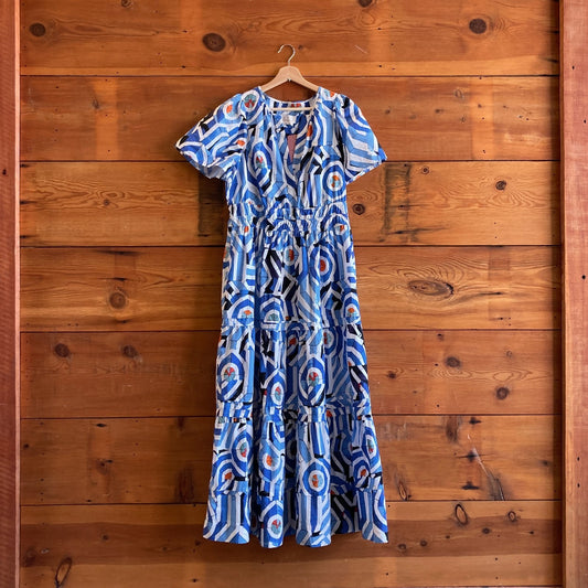 L - Anthropologie Blue & White Pattern Shirred Waist Maxi Somerset Dress 1004EB