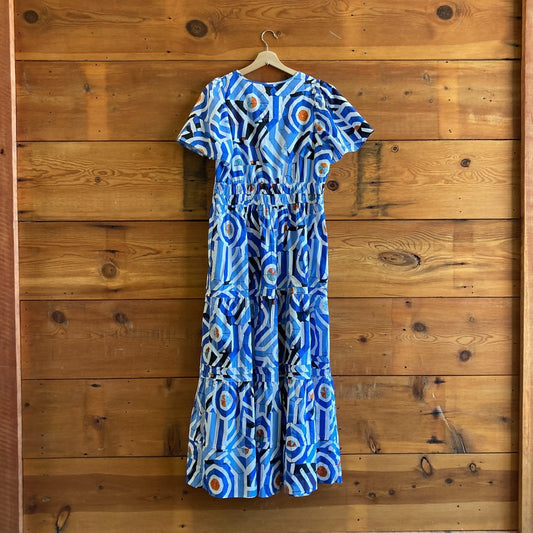 L - Anthropologie Blue & White Pattern Shirred Waist Maxi Somerset Dress 1004EB