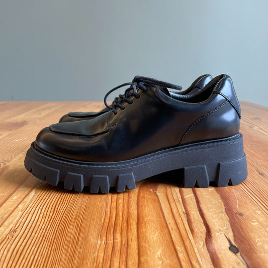 37 / 7 - ASH Black Leather Lug Sole Platform Derby Loafers Shoes 0714NF