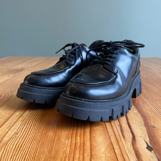 37 / 7 - ASH Black Leather Lug Sole Platform Derby Loafers Shoes 0714NF