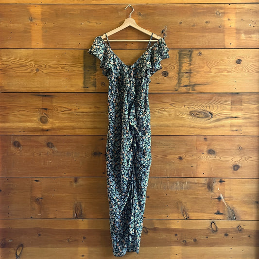 6 - Veronica Beard Blue Floral V Neck Ruched Midi 100% Silk Dress 0428KS