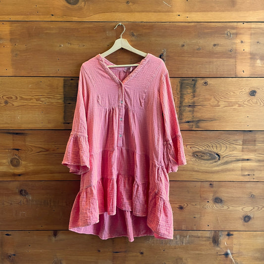 M - Faherty Coral Pink Gauze Cotton Tiered Long Sleeve Dress 0519DS