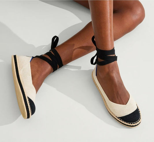 7.5 - Rothy's Cream & Black Canvas Espadrille Flats Boardwalk Shoes 0715MF
