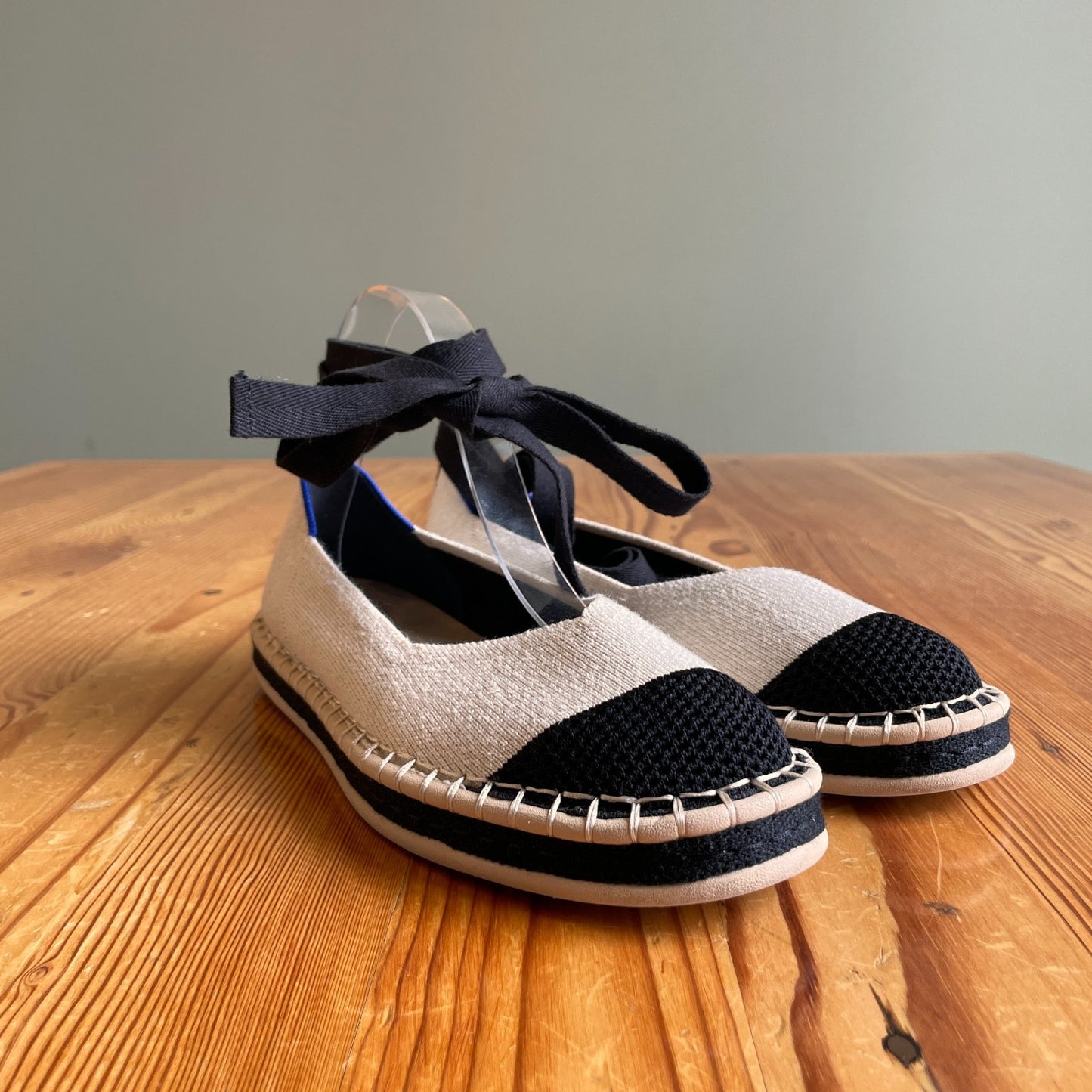 7.5 - Rothy's Cream & Black Canvas Espadrille Flats Boardwalk Shoes 0715MF