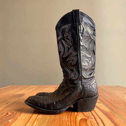 6 - Cowtown Black Quill Ostrich Embroidered Pull On Cowboy Boots 0428KS