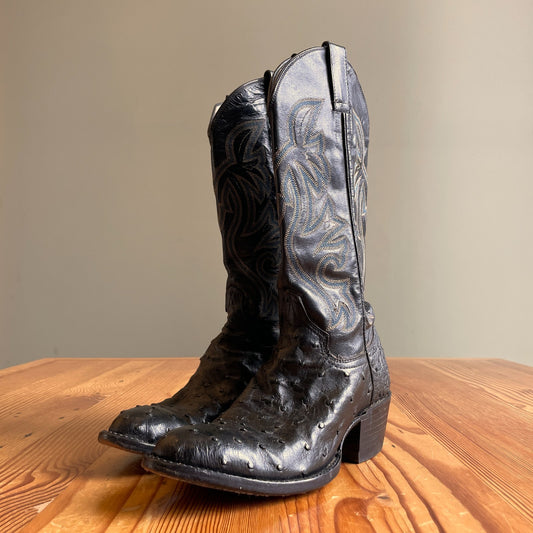 6 - Cowtown Black Quill Ostrich Embroidered Pull On Cowboy Boots 0428KS