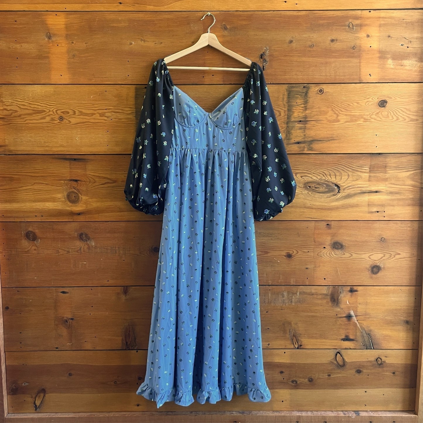 S - Sister Jane Blue & Black Floral Patterned Puff Sleeve Bodice Dress 0717SM