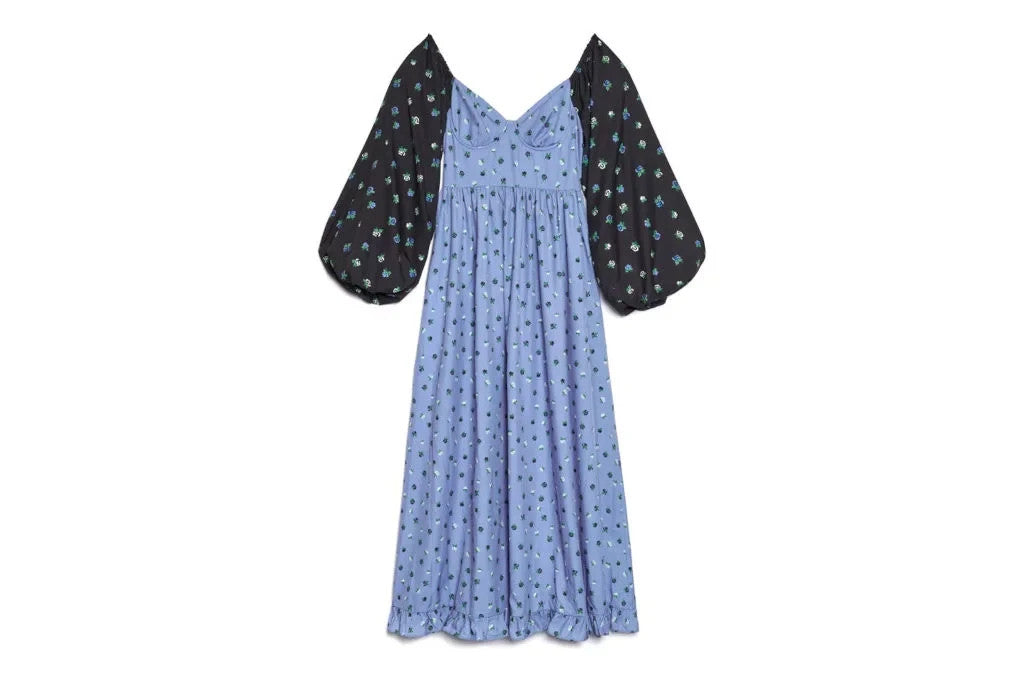 S - Sister Jane Blue & Black Floral Patterned Puff Sleeve Bodice Dress 0717SM