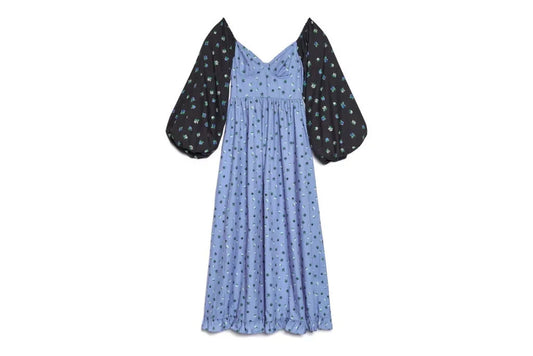 S - Sister Jane Blue & Black Floral Patterned Puff Sleeve Bodice Dress 0717SM