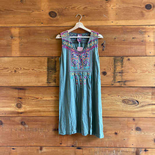 S - JWLA Johnny Was Green Embroidered Sleeveless 100% Cotton Dress 0718ML