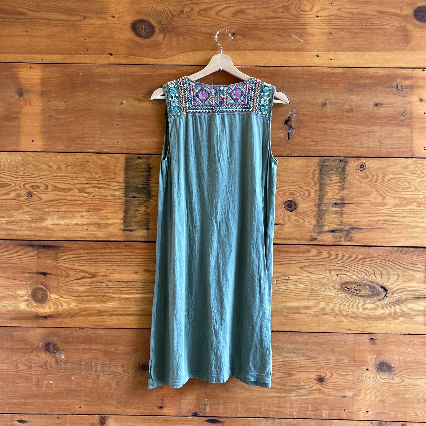 S - JWLA Johnny Was Green Embroidered Sleeveless 100% Cotton Dress 0718ML