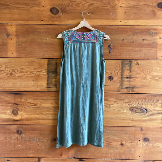 S - JWLA Johnny Was Green Embroidered Sleeveless 100% Cotton Dress 0718ML