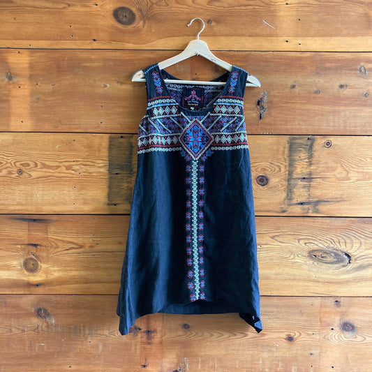 S - JWLA Johnny Was Black Embroidered Sleeveless 100% Linen Dress 0718ML